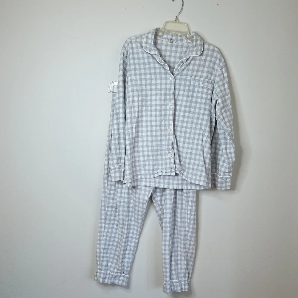Serena & Lily Light Gray Checkered Womens Sz Large Pajama Set 100% Cotton - Picture 1 of 7
